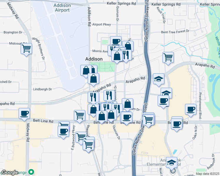map of restaurants, bars, coffee shops, grocery stores, and more near 4960 Arapaho Road in Addison