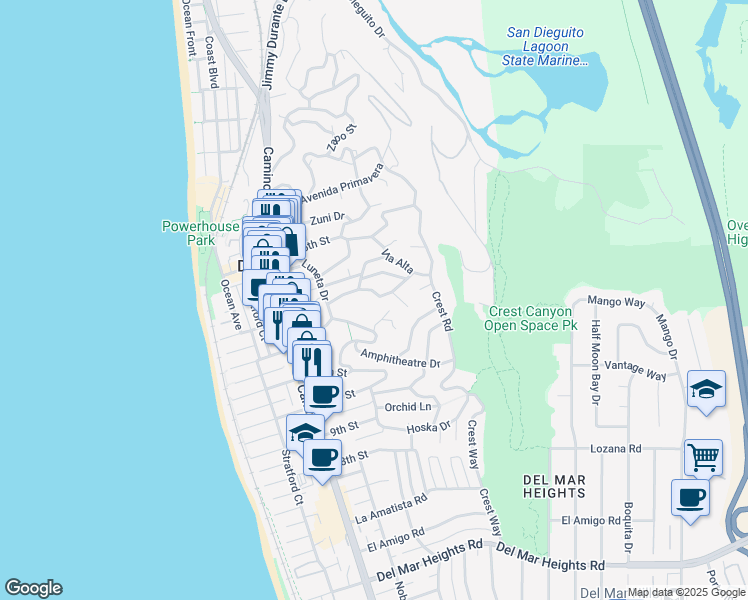 map of restaurants, bars, coffee shops, grocery stores, and more near 515 Rimini Road in Del Mar
