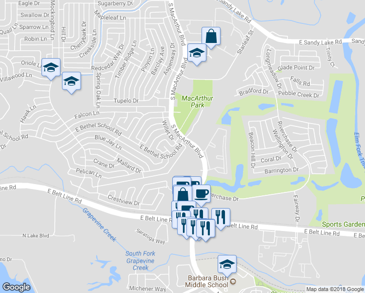 map of restaurants, bars, coffee shops, grocery stores, and more near 1021 East Bethel School Road in Coppell