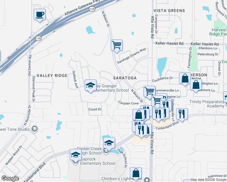 map of restaurants, bars, coffee shops, grocery stores, and more near 12628 Saratoga Springs Circle in Fort Worth