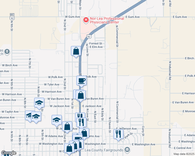 map of restaurants, bars, coffee shops, grocery stores, and more near 1022 North East Street in Lovington