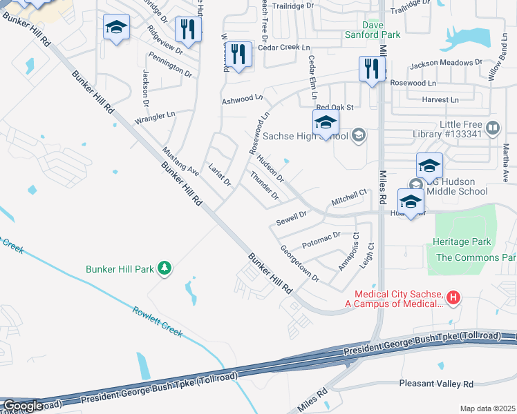 map of restaurants, bars, coffee shops, grocery stores, and more near 3517 Stampede Drive in Sachse