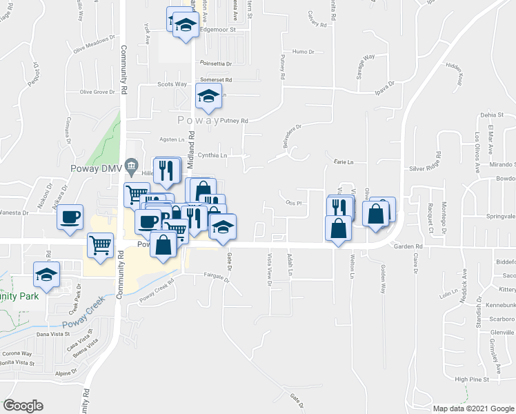 map of restaurants, bars, coffee shops, grocery stores, and more near 13256 Cicero Way in Poway