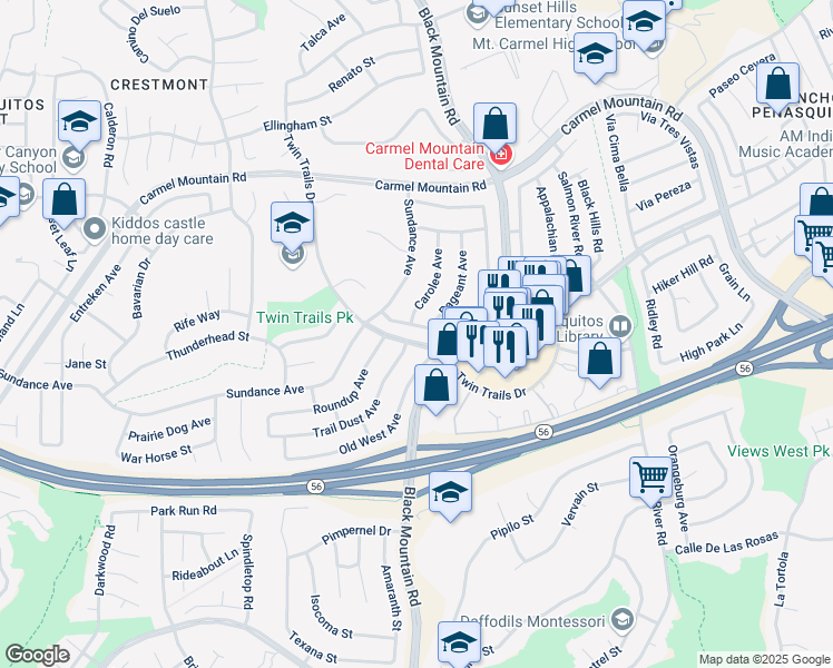 map of restaurants, bars, coffee shops, grocery stores, and more near 13148 Trail Dust Avenue in San Diego