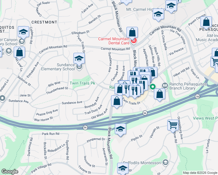 map of restaurants, bars, coffee shops, grocery stores, and more near 13148 Trail Dust Avenue in San Diego