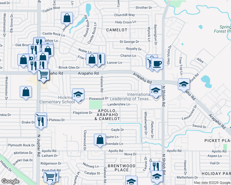 map of restaurants, bars, coffee shops, grocery stores, and more near 2829 Pinewood Drive in Garland