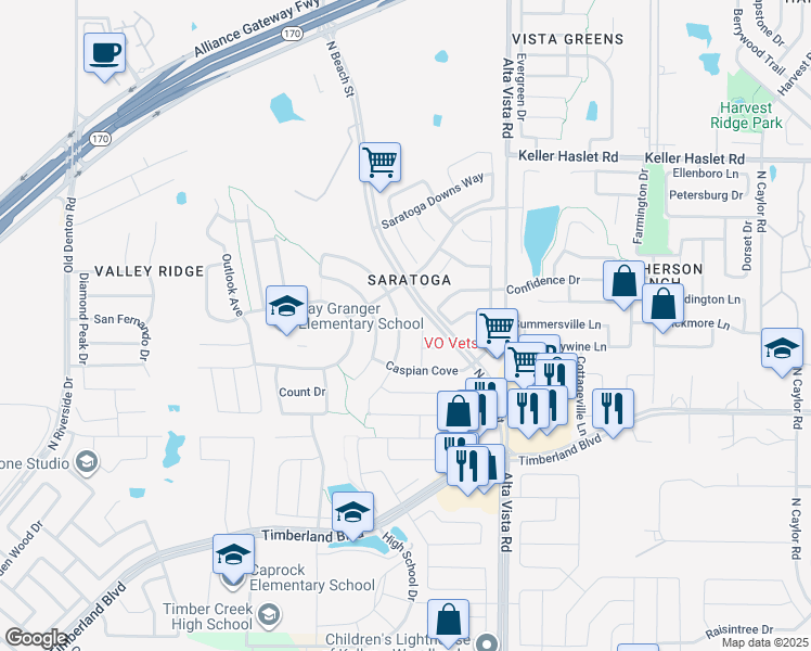 map of restaurants, bars, coffee shops, grocery stores, and more near 12729 Lizzie Place in Fort Worth