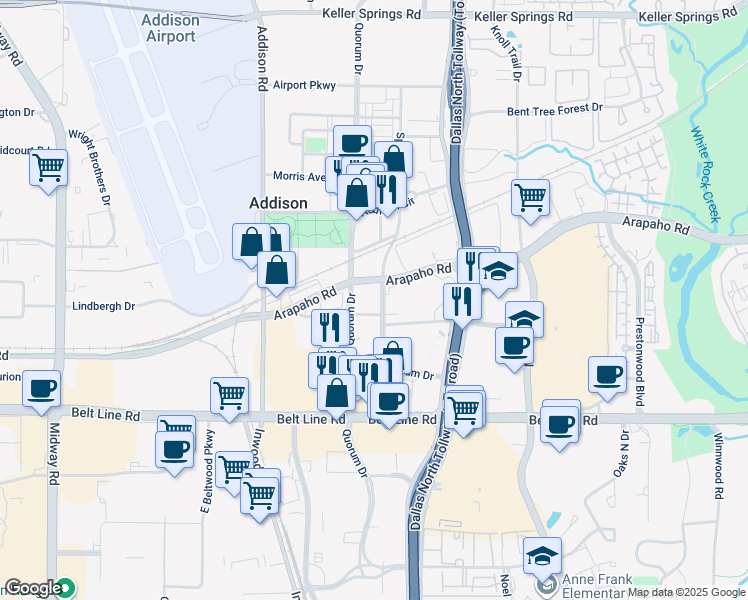 map of restaurants, bars, coffee shops, grocery stores, and more near 5038 Spectrum Drive in Addison