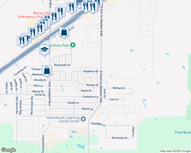 map of restaurants, bars, coffee shops, grocery stores, and more near 1517 Brandon Drive in Royse City