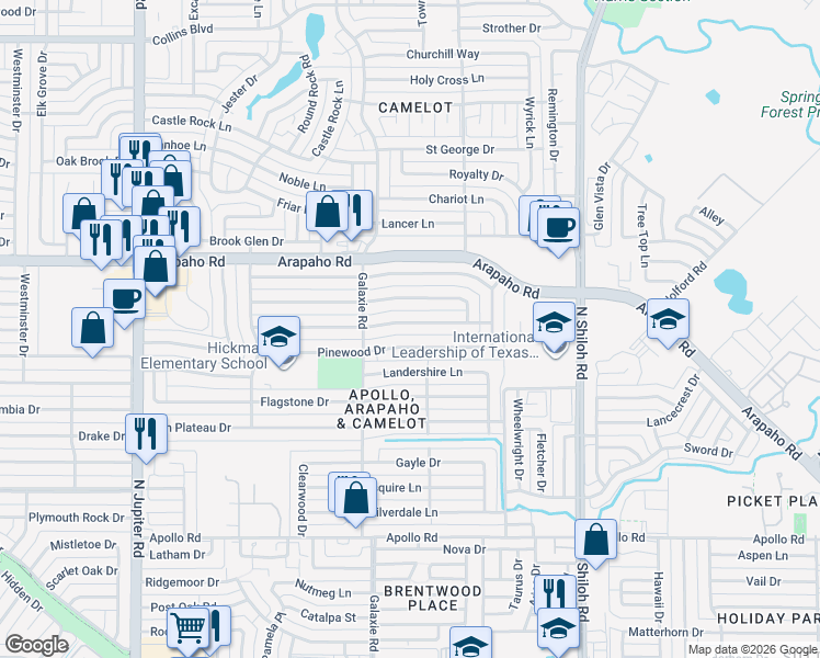 map of restaurants, bars, coffee shops, grocery stores, and more near 2829 Pinewood Drive in Garland