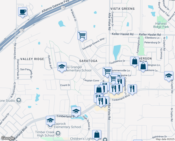 map of restaurants, bars, coffee shops, grocery stores, and more near 12729 Lizzie Place in Fort Worth