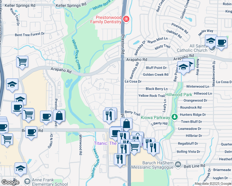 map of restaurants, bars, coffee shops, grocery stores, and more near 15475 Preston Road in Dallas
