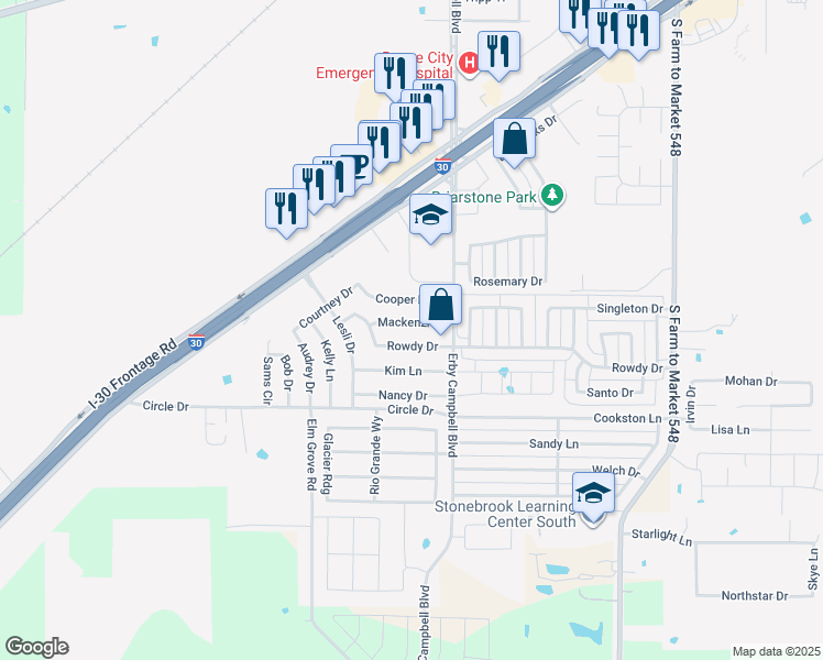 map of restaurants, bars, coffee shops, grocery stores, and more near 801 Mackenzi Drive in Royse City
