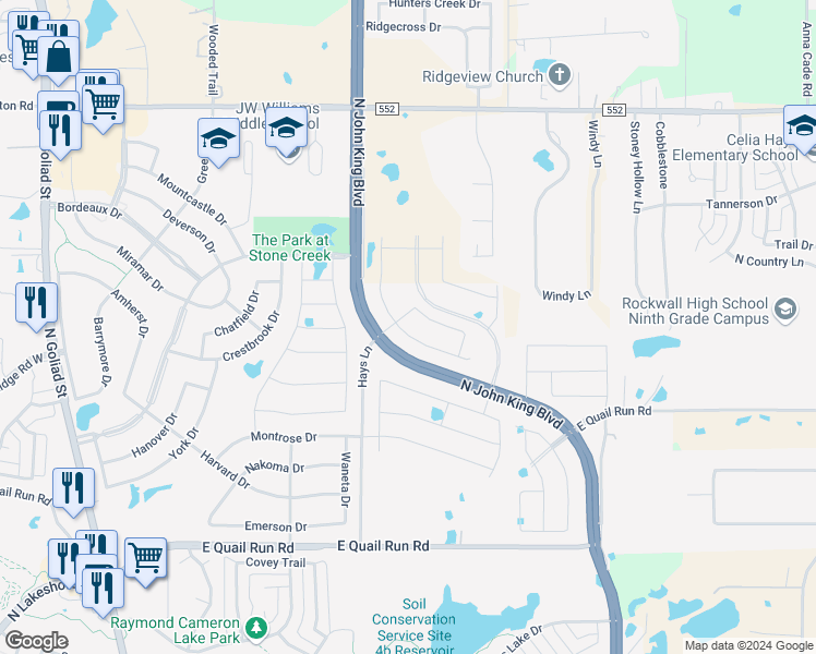 map of restaurants, bars, coffee shops, grocery stores, and more near John King Boulevard in Rockwall