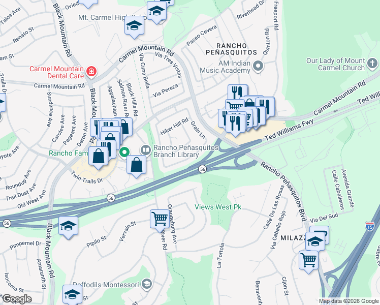 map of restaurants, bars, coffee shops, grocery stores, and more near 9532 High Park Lane in San Diego