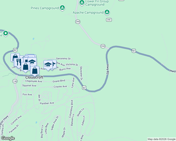 map of restaurants, bars, coffee shops, grocery stores, and more near 1315 Burro Avenue in Cloudcroft