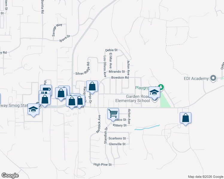 map of restaurants, bars, coffee shops, grocery stores, and more near 13419 Sebago Avenue in Poway