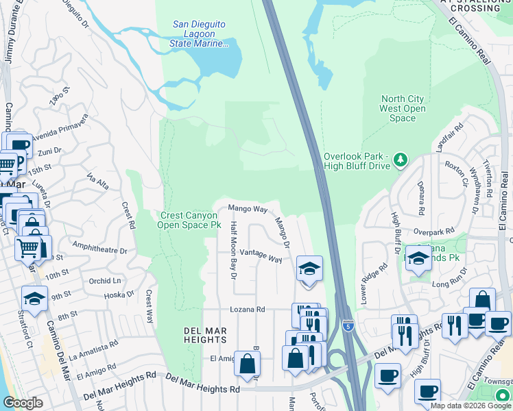 map of restaurants, bars, coffee shops, grocery stores, and more near 2486 Mango Way in Del Mar