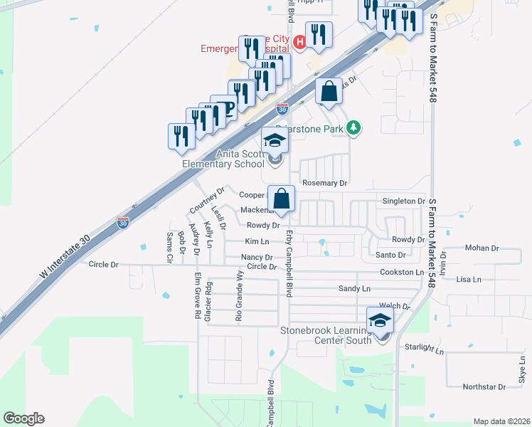 map of restaurants, bars, coffee shops, grocery stores, and more near 720 Rowdy Drive in Royse City