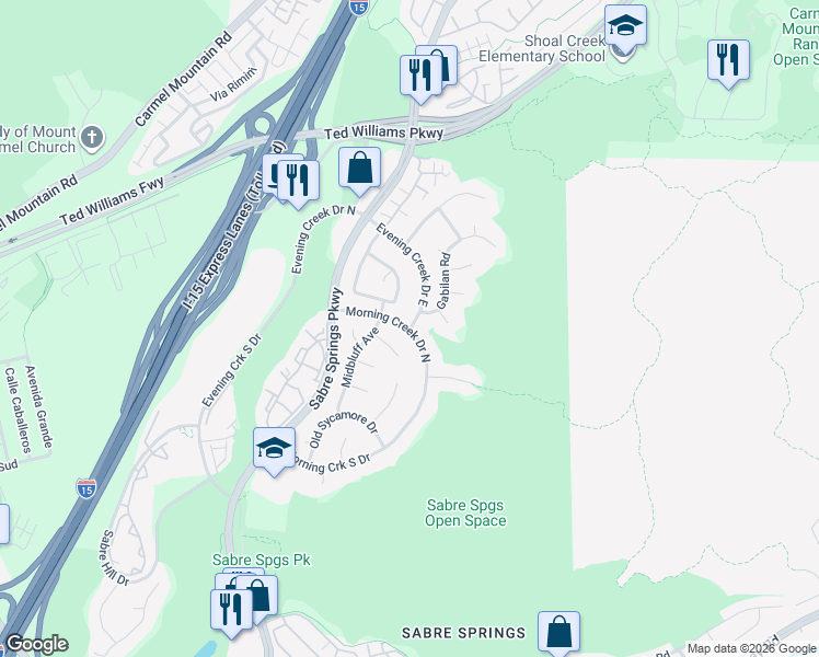 map of restaurants, bars, coffee shops, grocery stores, and more near 13009 Evening Creek Drive in San Diego
