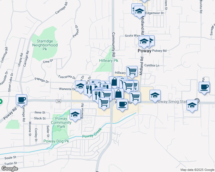 map of restaurants, bars, coffee shops, grocery stores, and more near 13312 Community Road in Poway