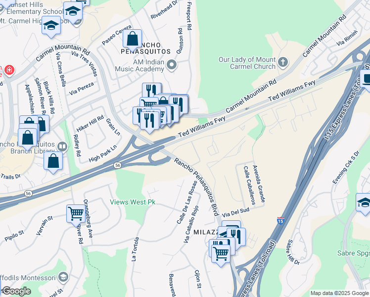 map of restaurants, bars, coffee shops, grocery stores, and more near 9939 Azuaga Street in San Diego