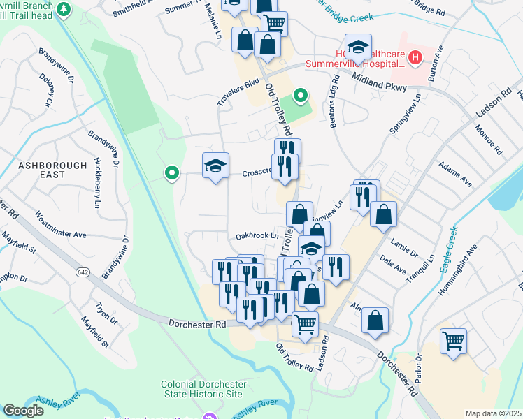 map of restaurants, bars, coffee shops, grocery stores, and more near 2 Springview Lane in Summerville