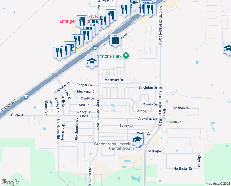 map of restaurants, bars, coffee shops, grocery stores, and more near 1513 Hafner Drive in Royse City