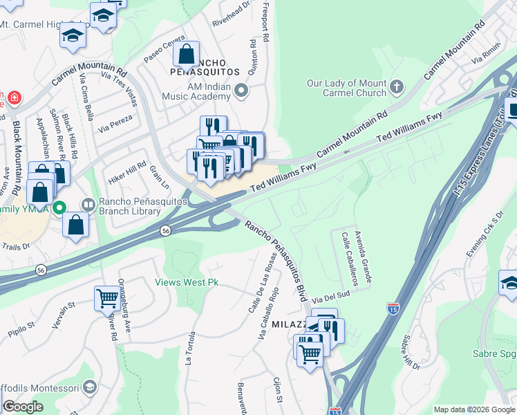 map of restaurants, bars, coffee shops, grocery stores, and more near 9919 Azuaga Street in San Diego