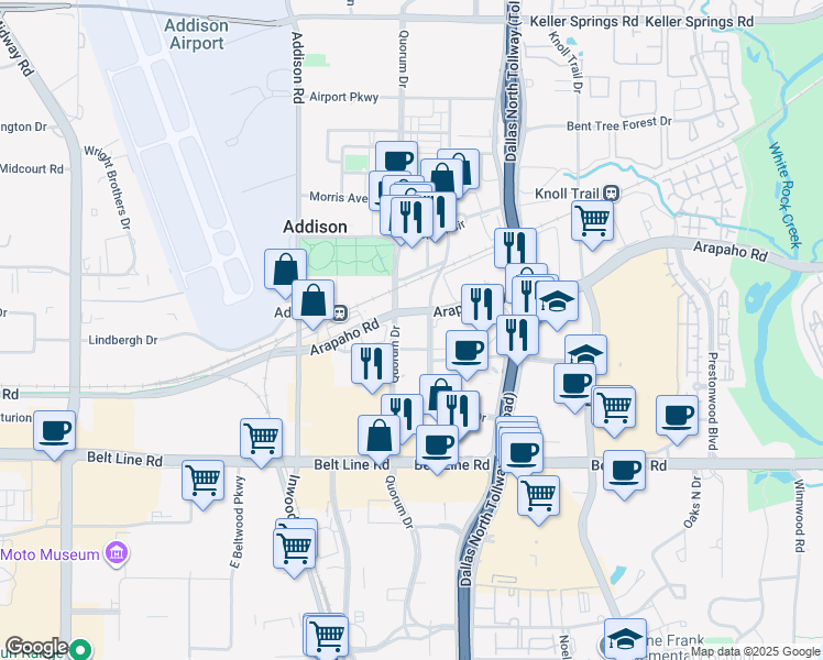 map of restaurants, bars, coffee shops, grocery stores, and more near 15301 Spectrum Drive in Addison
