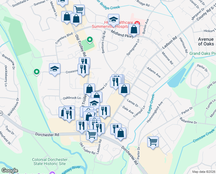 map of restaurants, bars, coffee shops, grocery stores, and more near 111 Springview Lane in Summerville