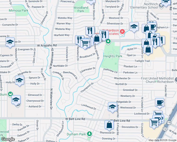 map of restaurants, bars, coffee shops, grocery stores, and more near 509 West Shore Drive in Richardson