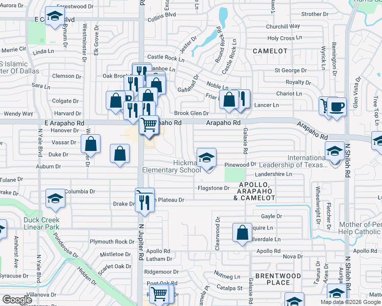 map of restaurants, bars, coffee shops, grocery stores, and more near 3134 Robin Hill Lane in Garland