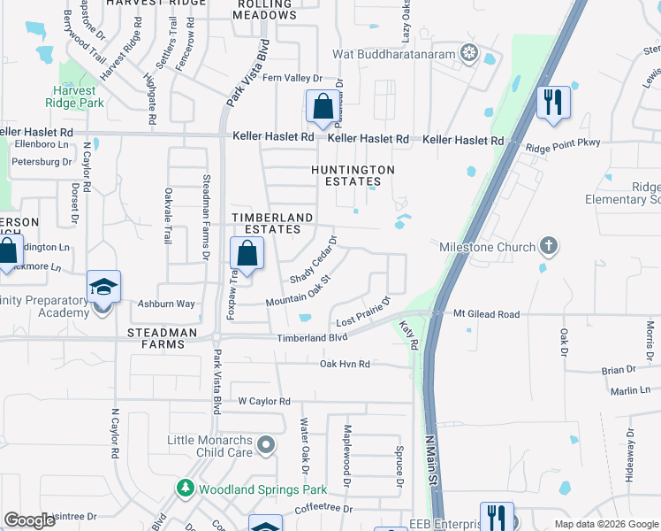 map of restaurants, bars, coffee shops, grocery stores, and more near 4661 Mountain Oak Street in Keller