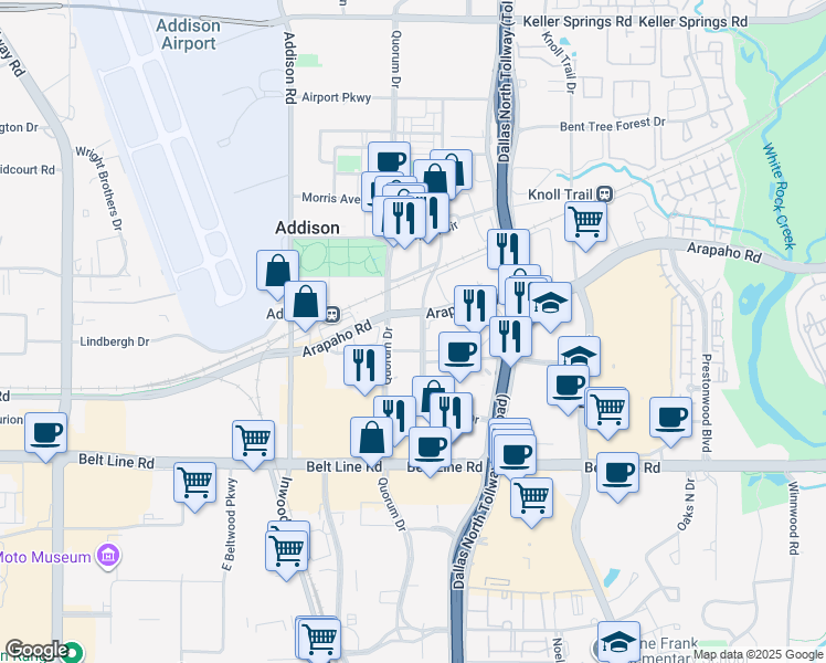 map of restaurants, bars, coffee shops, grocery stores, and more near 15301 Spectrum Drive in Addison