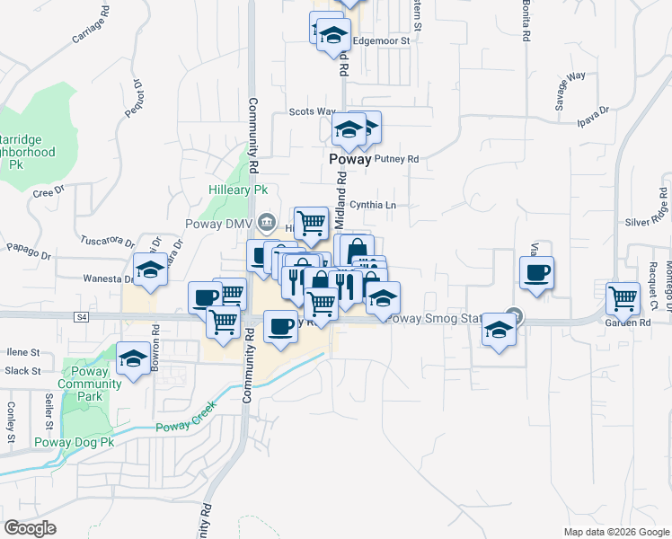 map of restaurants, bars, coffee shops, grocery stores, and more near 13265 Midland Road in Poway