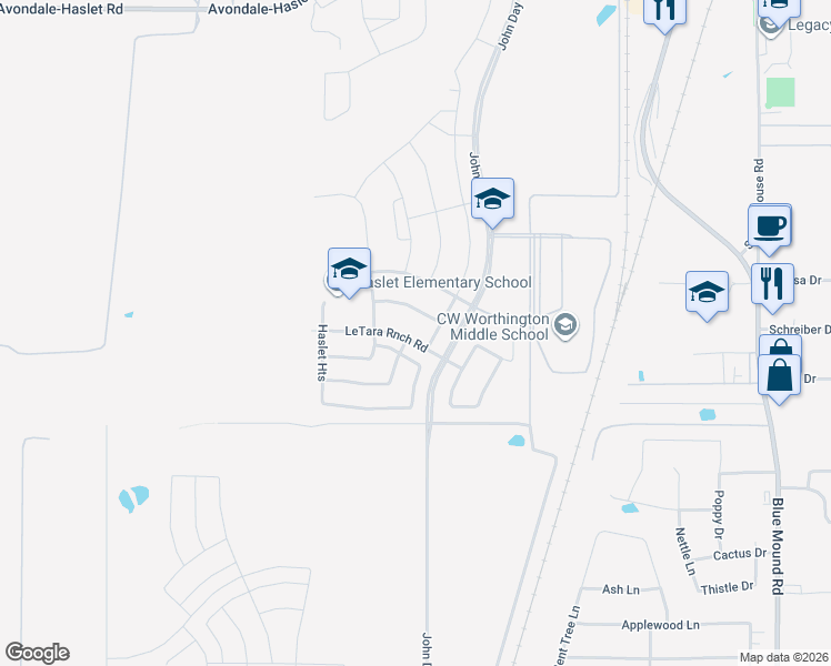 map of restaurants, bars, coffee shops, grocery stores, and more near 1257 Agape Drive in Haslet