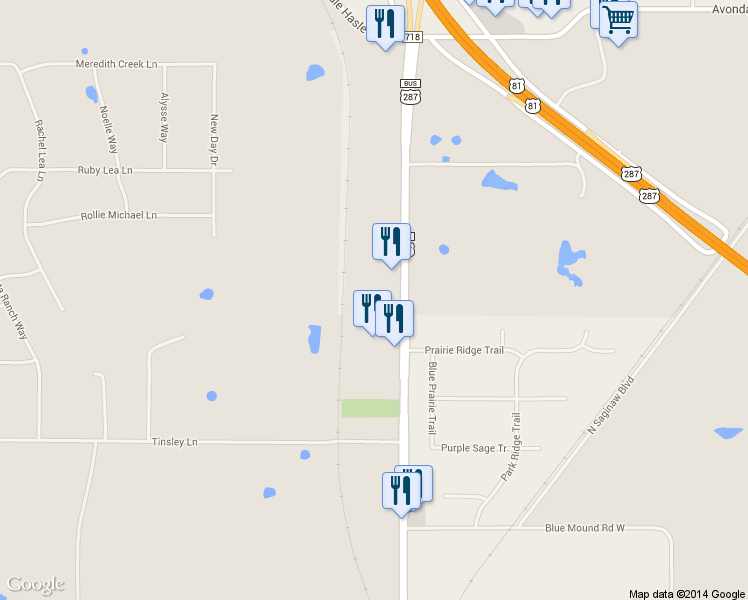 map of restaurants, bars, coffee shops, grocery stores, and more near 12765 North Saginaw Boulevard in Fort Worth