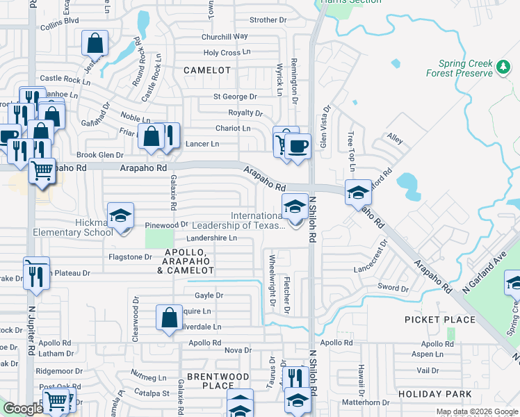 map of restaurants, bars, coffee shops, grocery stores, and more near 2101 Pinewood Drive in Garland