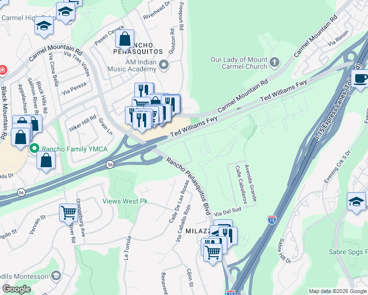 map of restaurants, bars, coffee shops, grocery stores, and more near 9959 Azuaga Street in San Diego