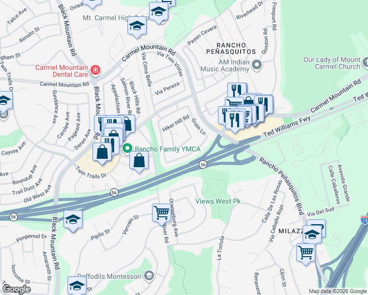 map of restaurants, bars, coffee shops, grocery stores, and more near 9531 Bayamon Road in San Diego