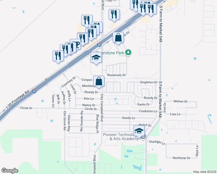 map of restaurants, bars, coffee shops, grocery stores, and more near 1529 Hardy Drive in Royse City