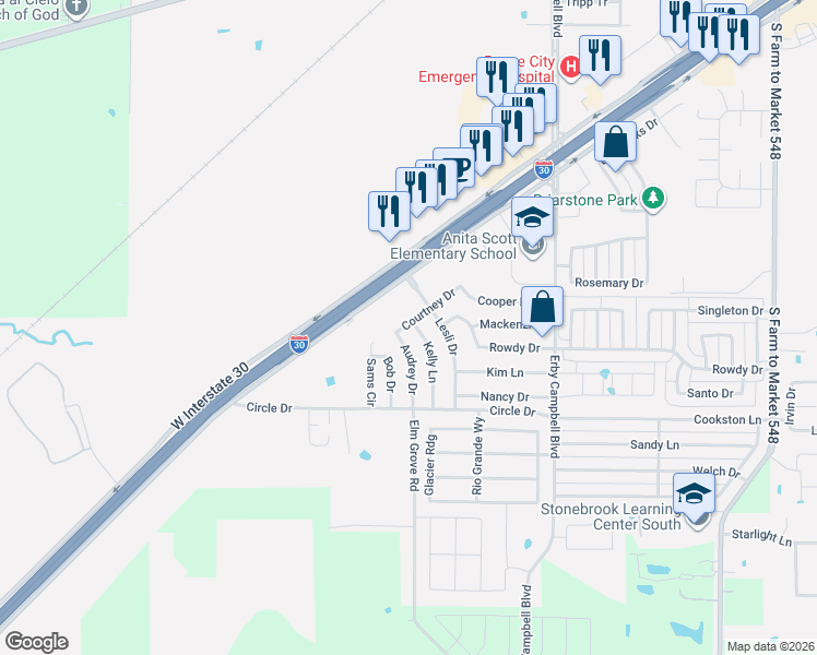 map of restaurants, bars, coffee shops, grocery stores, and more near 1512 Audrey Drive in Royse City