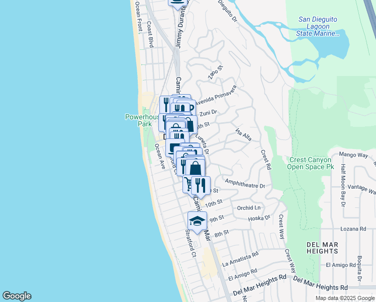 map of restaurants, bars, coffee shops, grocery stores, and more near 328 13th Street in Del Mar
