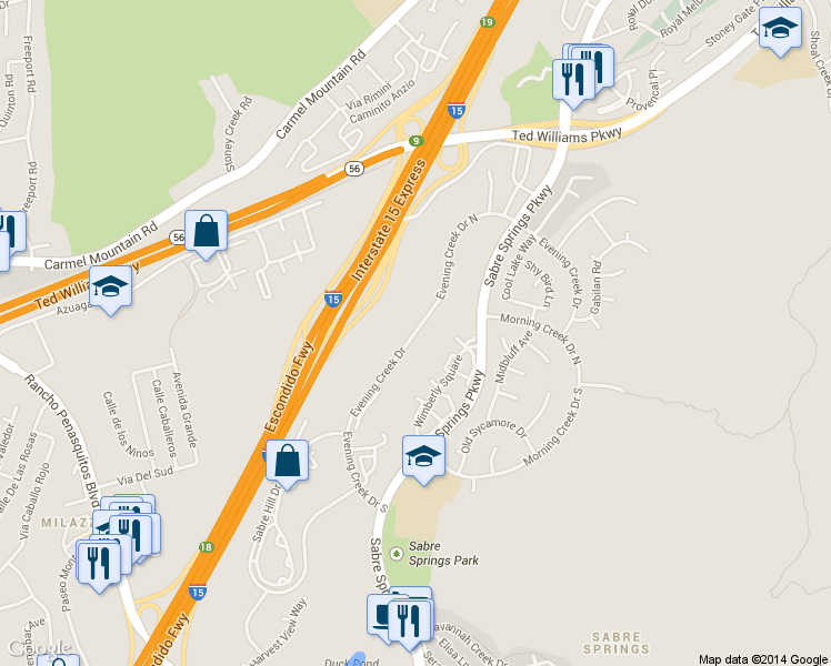 map of restaurants, bars, coffee shops, grocery stores, and more near Evening Creek Drive in San Diego