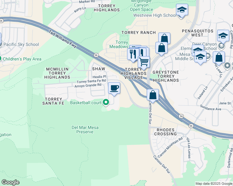 map of restaurants, bars, coffee shops, grocery stores, and more near 7535 Torrey Santa Fe Road in San Diego