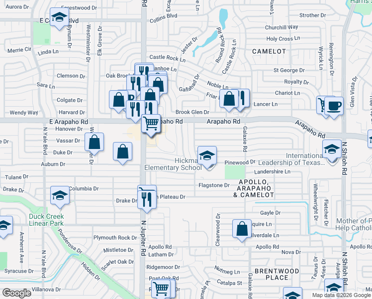 map of restaurants, bars, coffee shops, grocery stores, and more near 3305 Janwood Lane in Garland