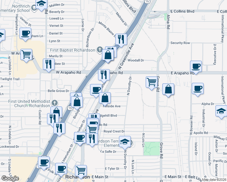 map of restaurants, bars, coffee shops, grocery stores, and more near 311 Hillcrest Avenue in Richardson
