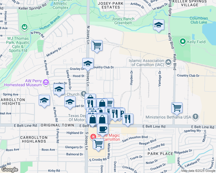 map of restaurants, bars, coffee shops, grocery stores, and more near 1515 Metrocrest Drive in Carrollton