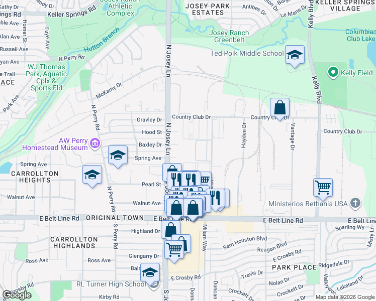 map of restaurants, bars, coffee shops, grocery stores, and more near 1515 Metrocrest Drive in Carrollton